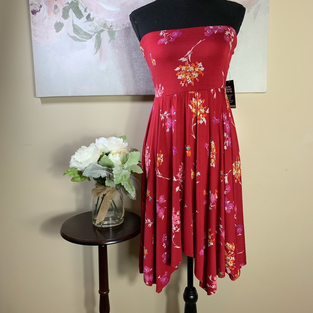 Express Red Strapless Floral Asymmetrical Dress